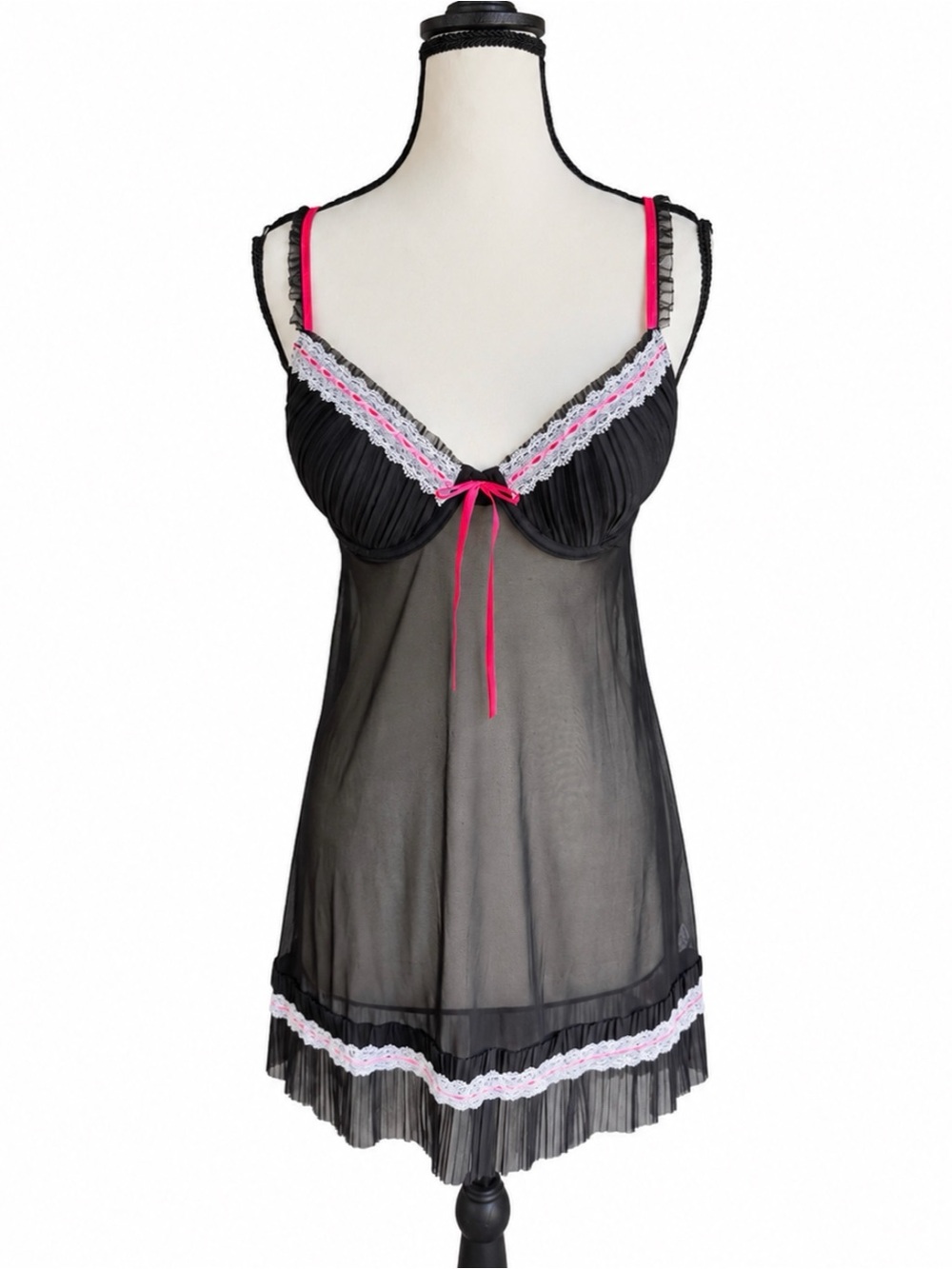 Rampage Black Sheer Babydoll Chemise Lingerie Slip Dress Pink Lace - M